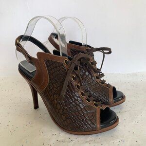 Sempre Di Italy Brown Leather Croc Embossed Peep Toe Lace up Slingback Heels 39